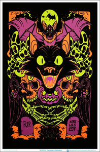 Black Cat Halloween - Flocked Blacklight Poster